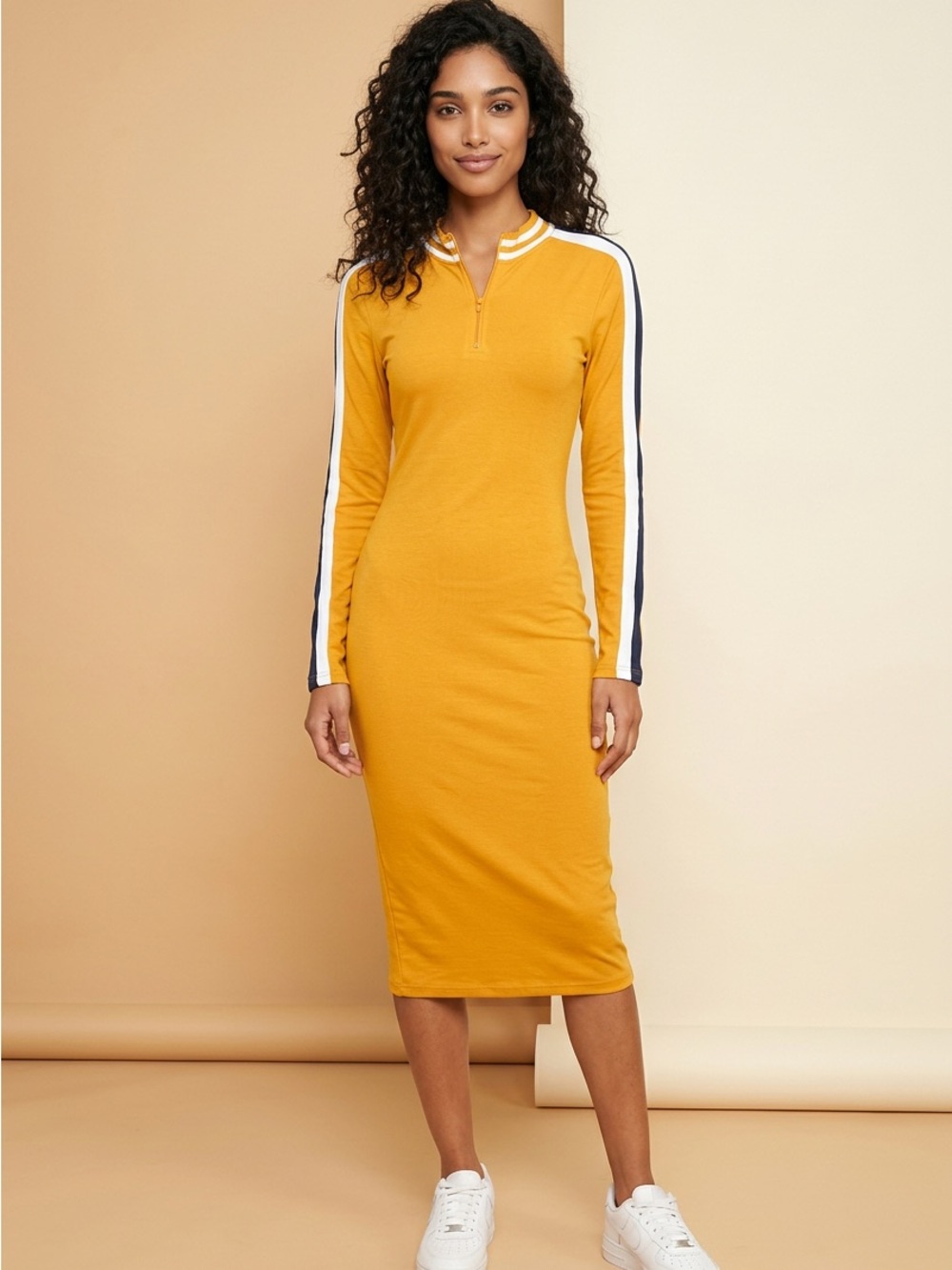 Heart & Hips Mustard Mock Neck Quarter-Zip Long Sleeve Bodycon Dress